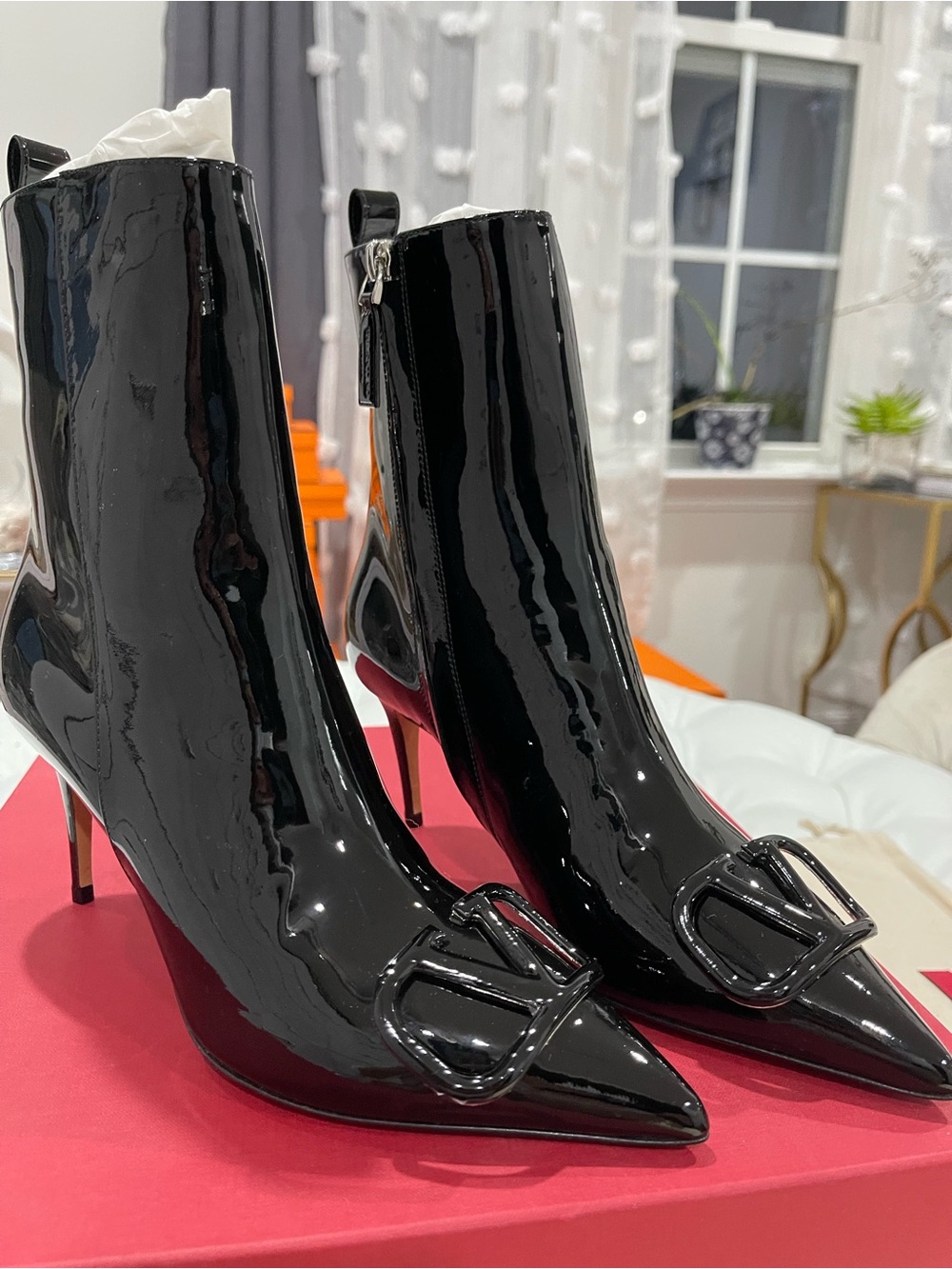 Valentino Black Patent Pointed Toe Logo Buckle Ankle Boots